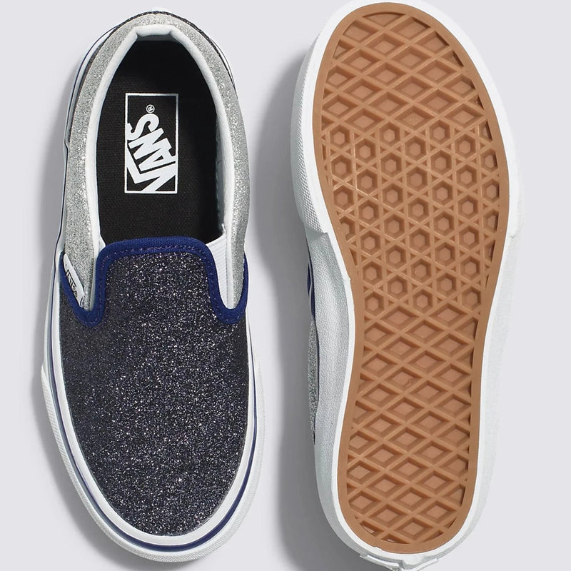 VANS Glitter Silver Navy 2 Tone Classic Slip On Children s Sneaker Twiggz