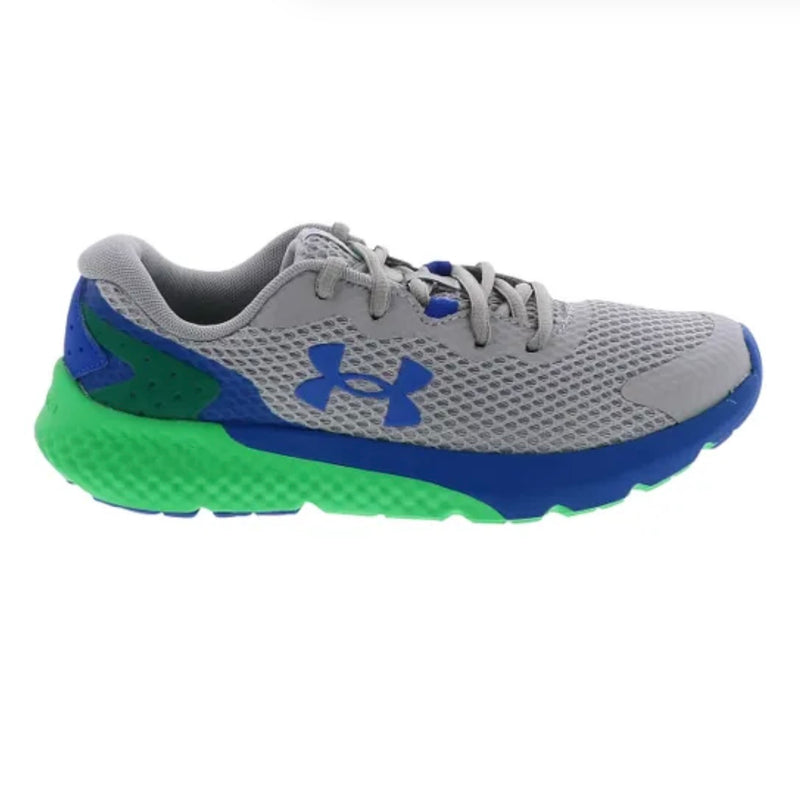 Under Armour Grey/Green/Versa Blue Charged Rogue 3 Youth Sneaker