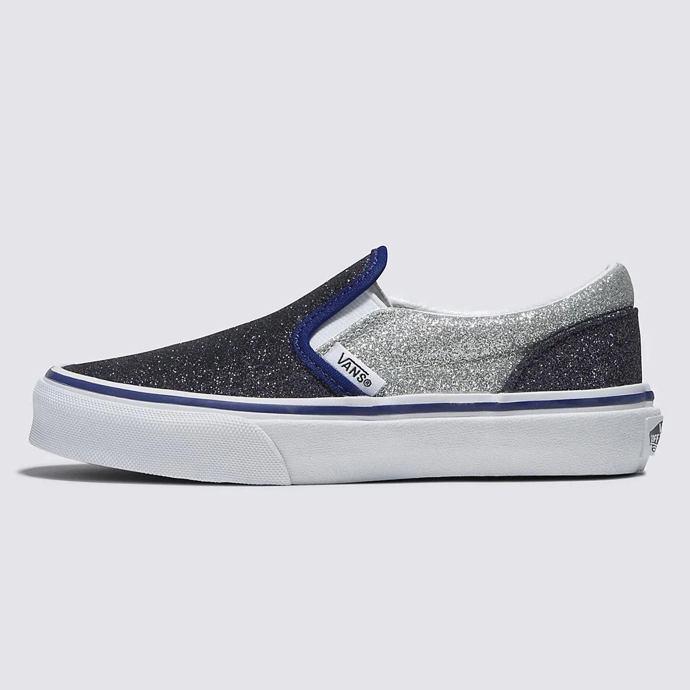 VANS Glitter Silver Navy 2 Tone Classic Slip On Children s Sneaker 3