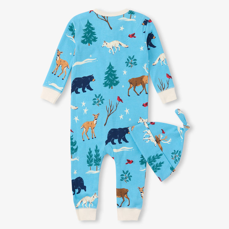 Little Blue House Blue Winter Wonderland Baby Coverall and Hat