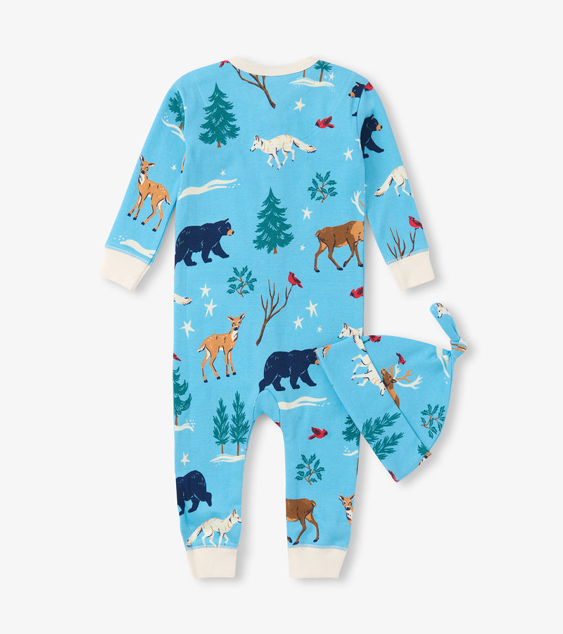 Little Blue House Blue Winter Wonderland Baby Coverall and Hat
