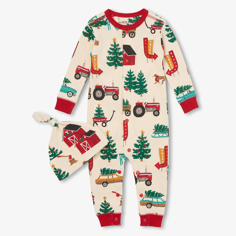 Little Blue House Christmas Tree Farm Baby Coverall and Hat